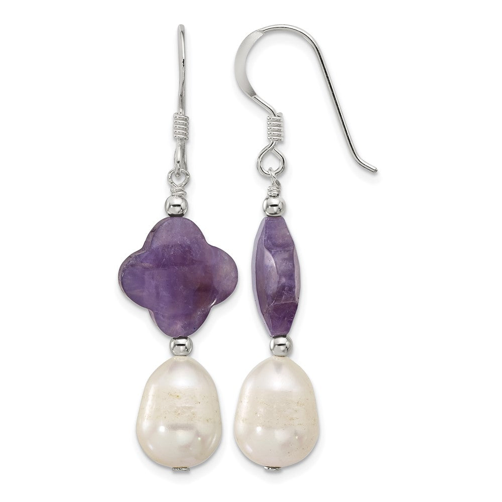 Sterling Silver Polished Amethyst Clover and FWC Pearl Dangle Earrings