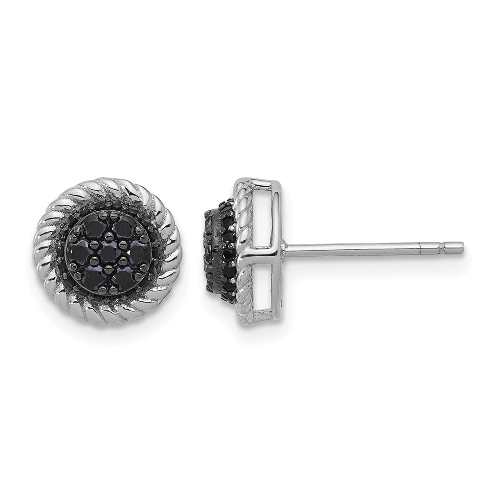 Sterling Silver RH-plated Polished/Twisted Black Spinel Circle Post Earring