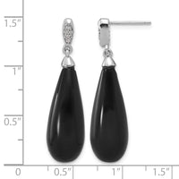 Sterling Silver RH-plated Polished CZ & Onyx Teardrop Post Dangle Earrings