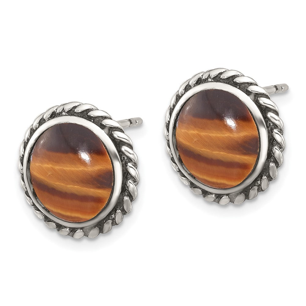 Sterling Silver Polished & Oxidized Twisted Edge Tiger's Eye Post Earrings