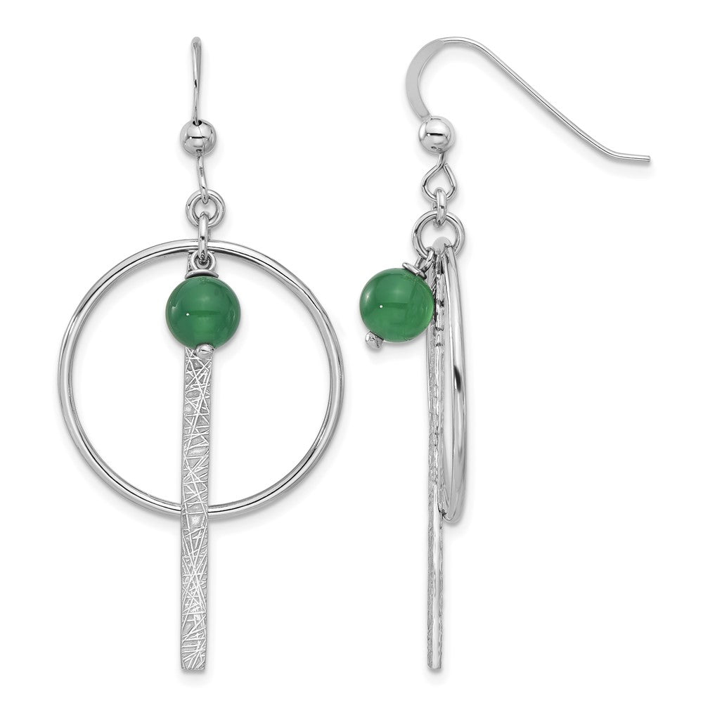 Sterling Silver Rhodium-plated Circle/Bar Green Onyx Dangle Earrings