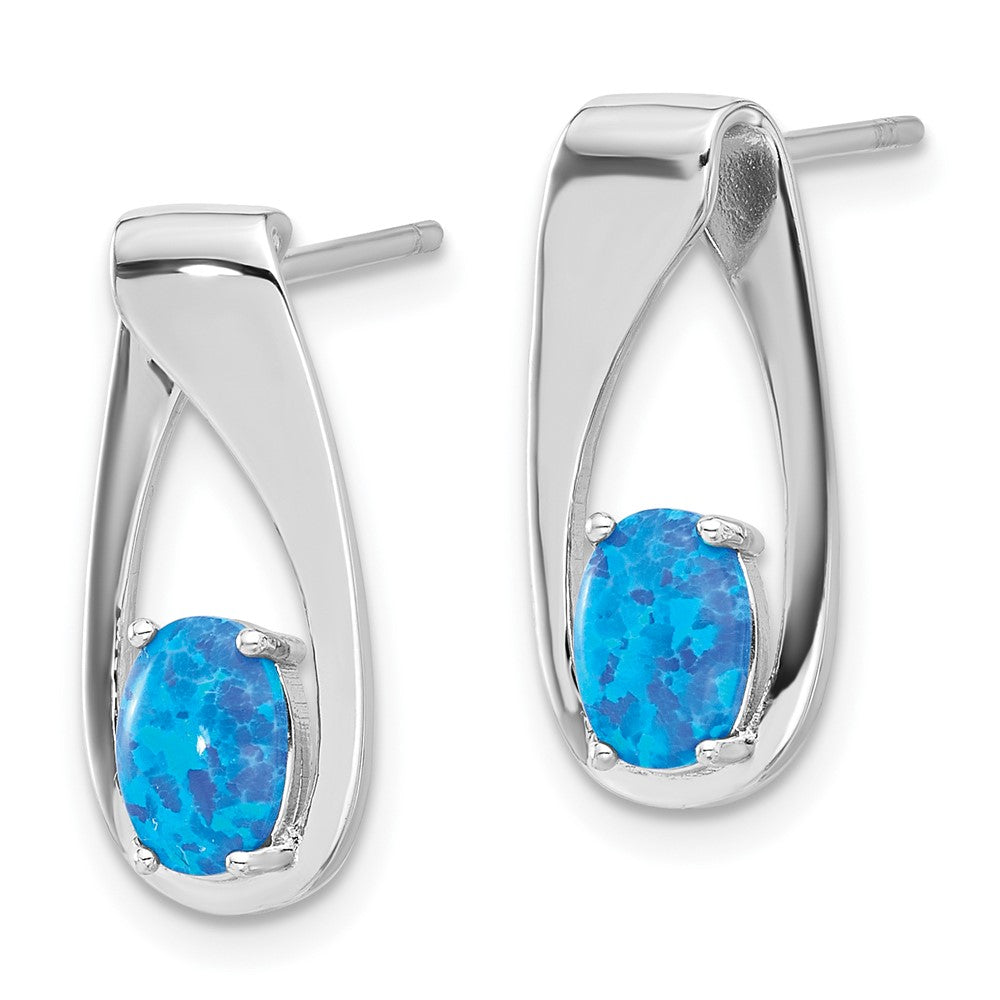 Sterling Silver Rhod-plated Polished Blue Created Opal Oval Post Earrings