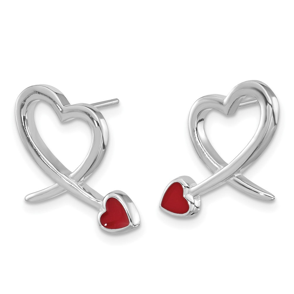 Sterling Silver Rhodium-plated Polished Red Resin Open Heart Post Earrings