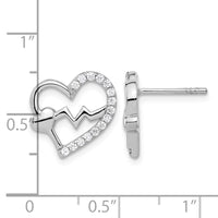 Sterling Silver Rhodium-plated Polished CZ Heartbeat Heart Post Earrings
