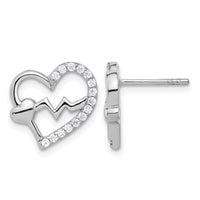 Sterling Silver Rhodium-plated Polished CZ Heartbeat Heart Post Earrings