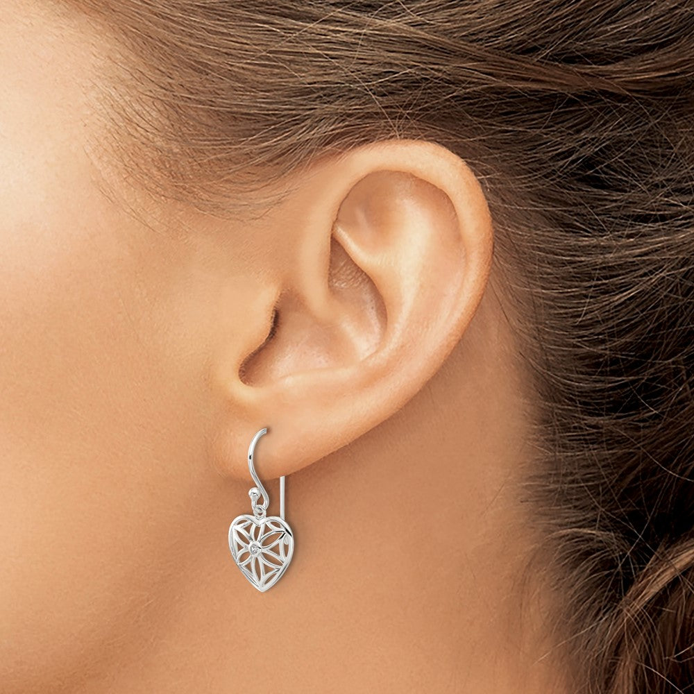 Sterling Silver E-coated with CZ Heart Shepherd Hook Dangle Earrings