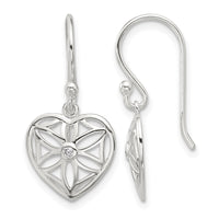 Sterling Silver E-coated with CZ Heart Shepherd Hook Dangle Earrings