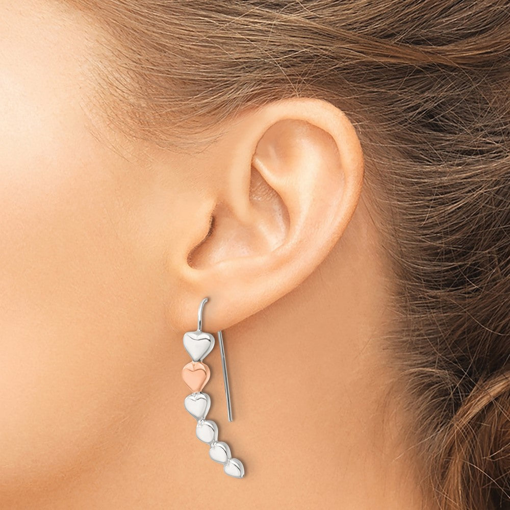 Sterling Silver and Rose-tone Polished Heart Shepherd Hook Earrings