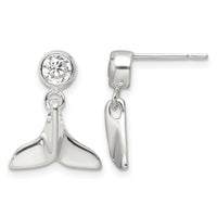 Sterling Silver Polished CZ Whale Tail Post Dangle Earrings