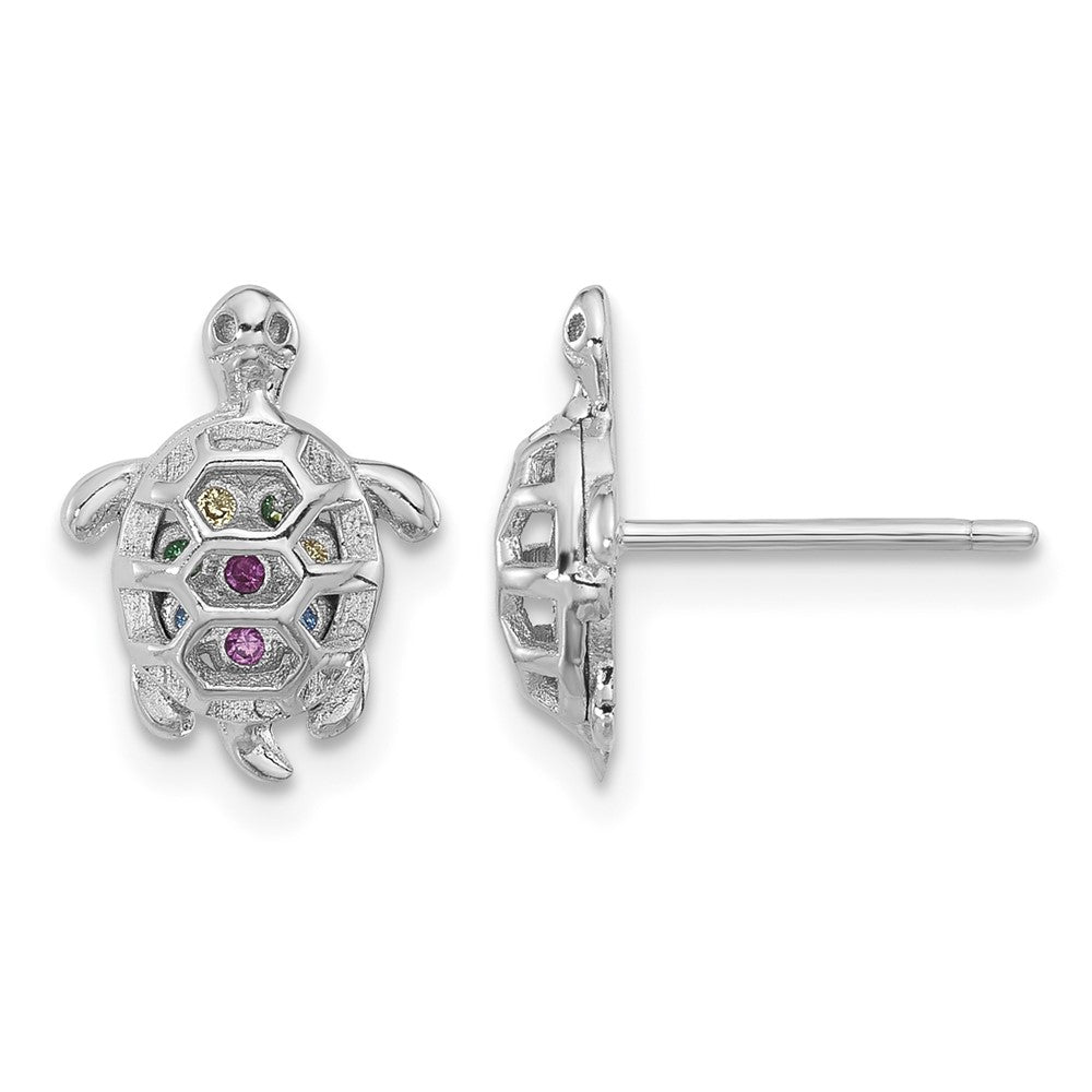 Sterling Silver Rhodium-plated Multi-color CZ Turtle Post Earrings