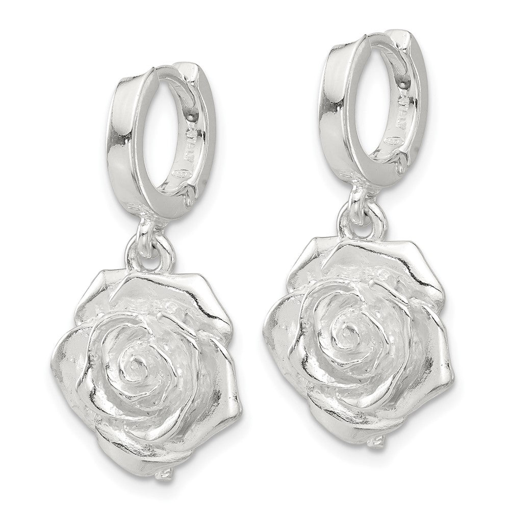 Sterling Silver Rose Dangle Hinged Hoop Earrings