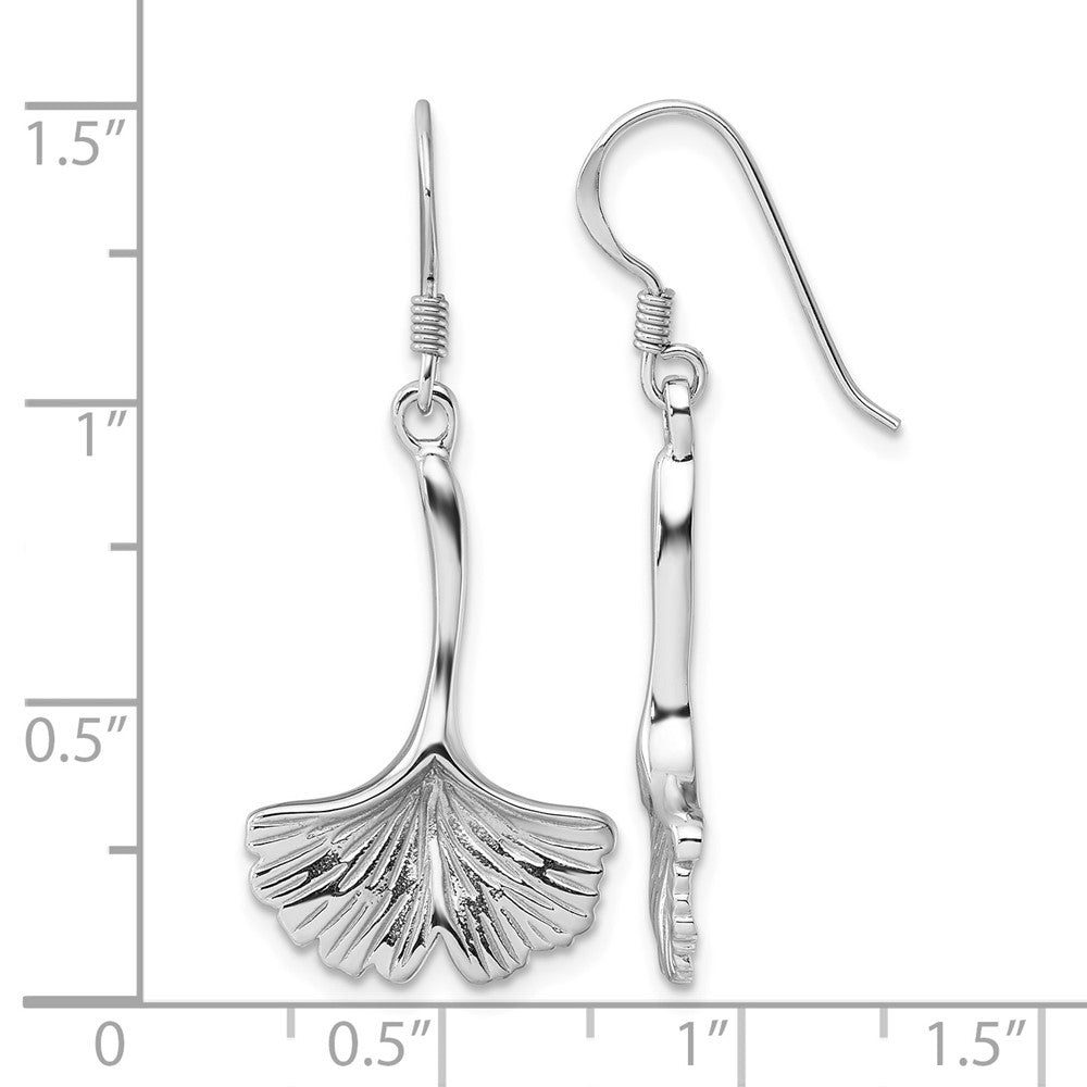 Sterling Silver Rhod-Plated Polished Grooved Ginkgo Leaf Dangle Earrings