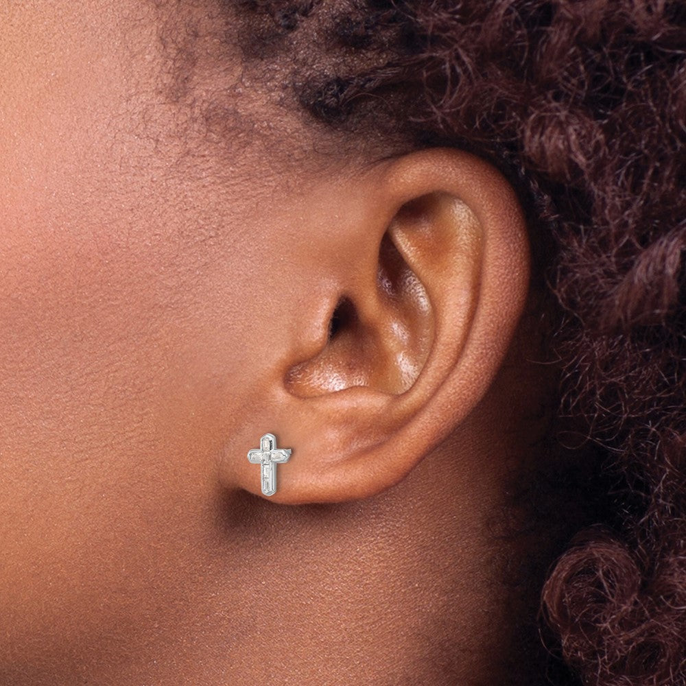 Sterling Silver Rhodium-plated Polished CZ Cross Post Earrings