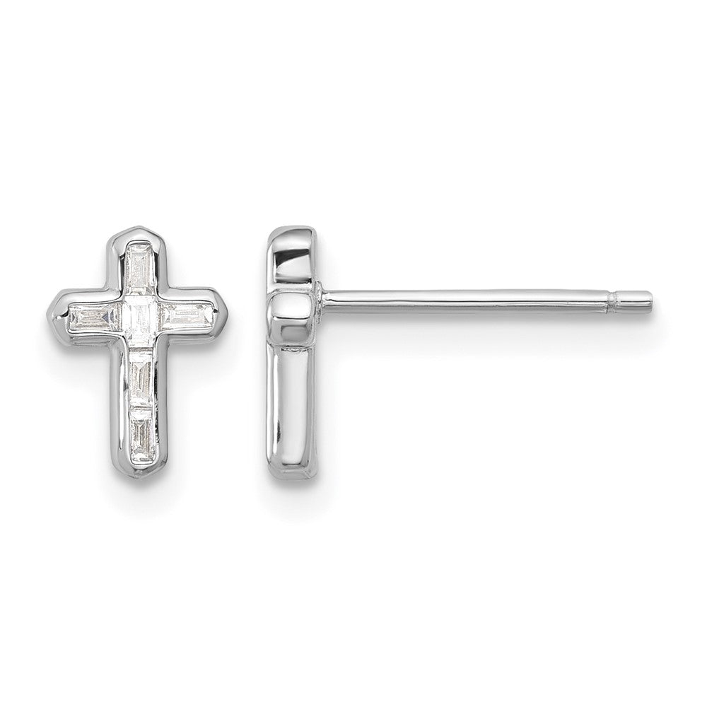 Sterling Silver Rhodium-plated Polished CZ Cross Post Earrings