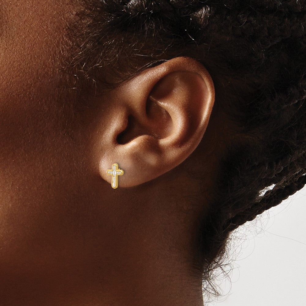 Sterling Silver Gold-tone Polished CZ Cross Post Earrings