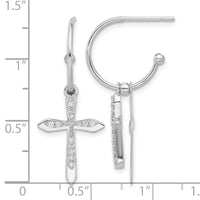 Sterling Silver Polished CZ Cross Dangle Post C-Hoop Earrings