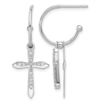 Sterling Silver Polished CZ Cross Dangle Post C-Hoop Earrings