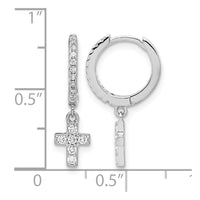 Sterling Silver RH-plated Polished CZ Cross Dangle Round Hoop Earrings