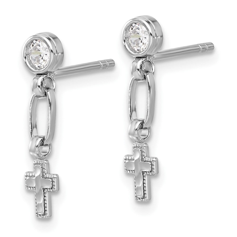 Sterling Silver RH-plated Polished & Textured CZ Cross Post Dangle Earrings