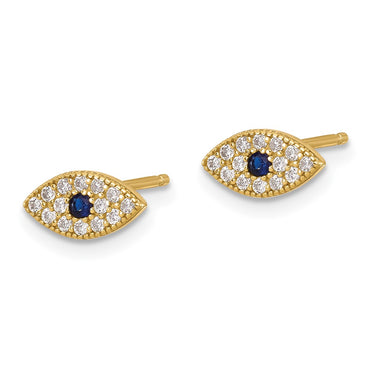 Sterling Silver Gold-tone CZ & Synthetic Blue Spinel Evil Eye Post Earrings