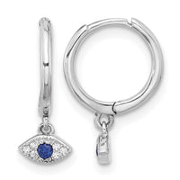 Sterling Silver RH-plated Blue & White CZ Evil Eye Dangle Hoop Earrings