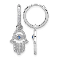 Sterling Silver RH-pltd Blue/White CZ Evil Eye Hamsa Dangle Hoop Earrings