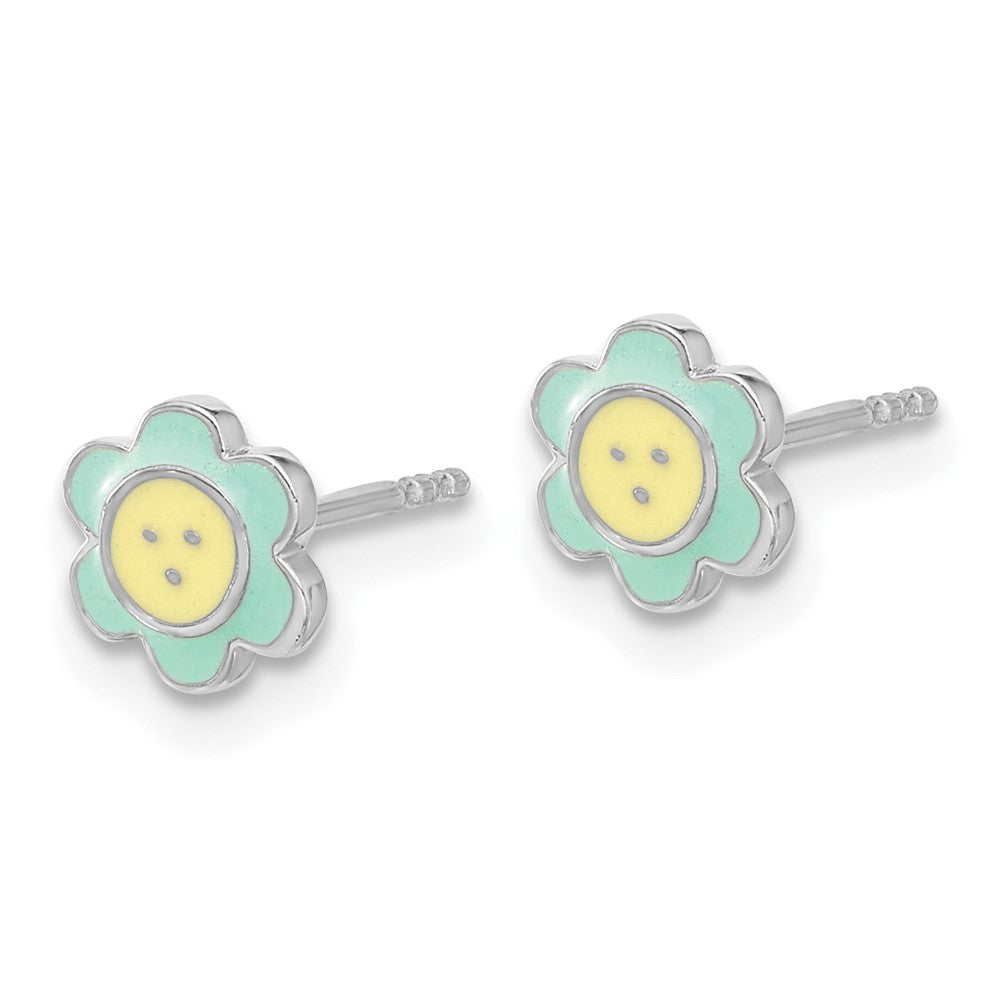 Sterling Silver Rhodium-plated Enamel Flower Children's Post Earrings
