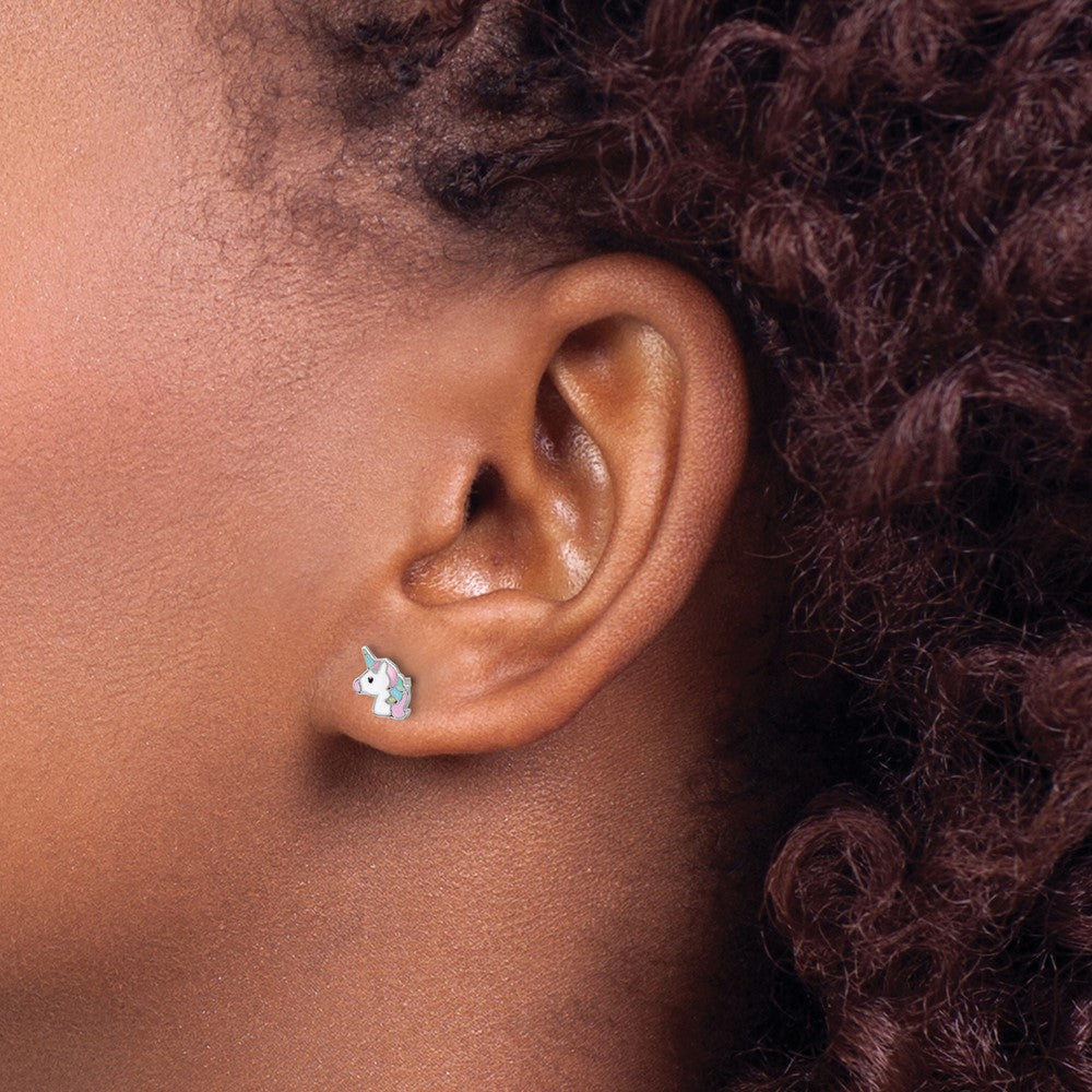 Sterling Silver Rhodium-plated Enameled Unicorn Post Earrings