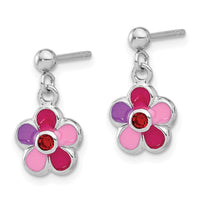 Sterling Silver RH-plated Enameled Red Crystal Flower Post Dangle Earrings