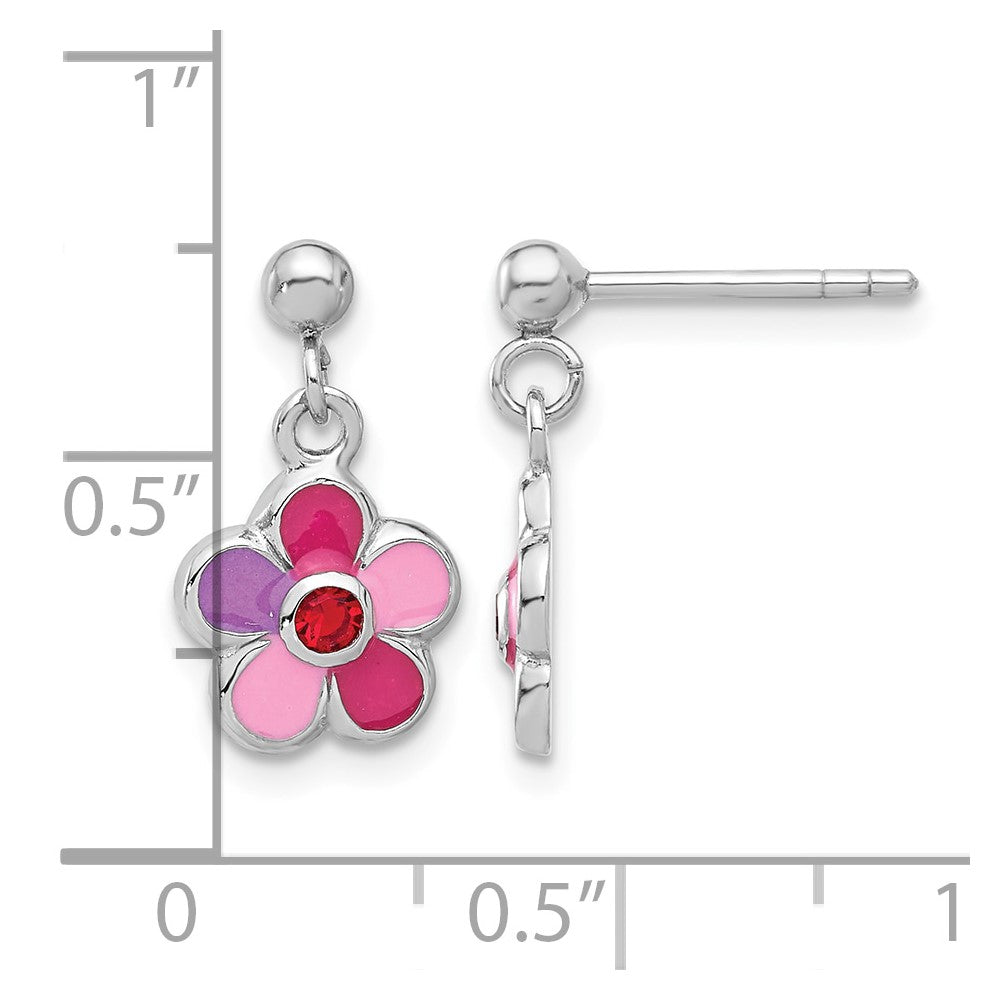 Sterling Silver RH-plated Enameled Red Crystal Flower Post Dangle Earrings