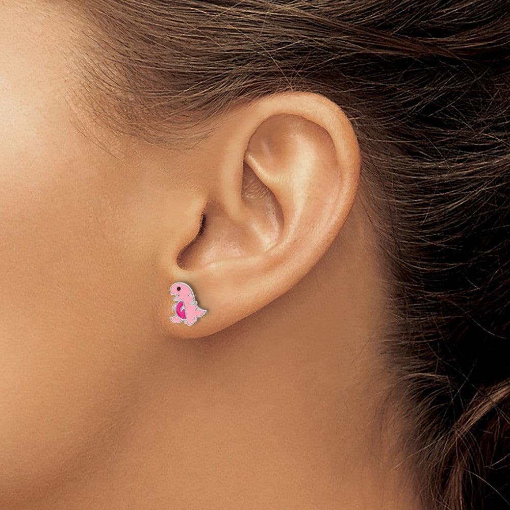 Sterling Silver Rhodium-plated Pink Enamel Dinosaur Post Earrings