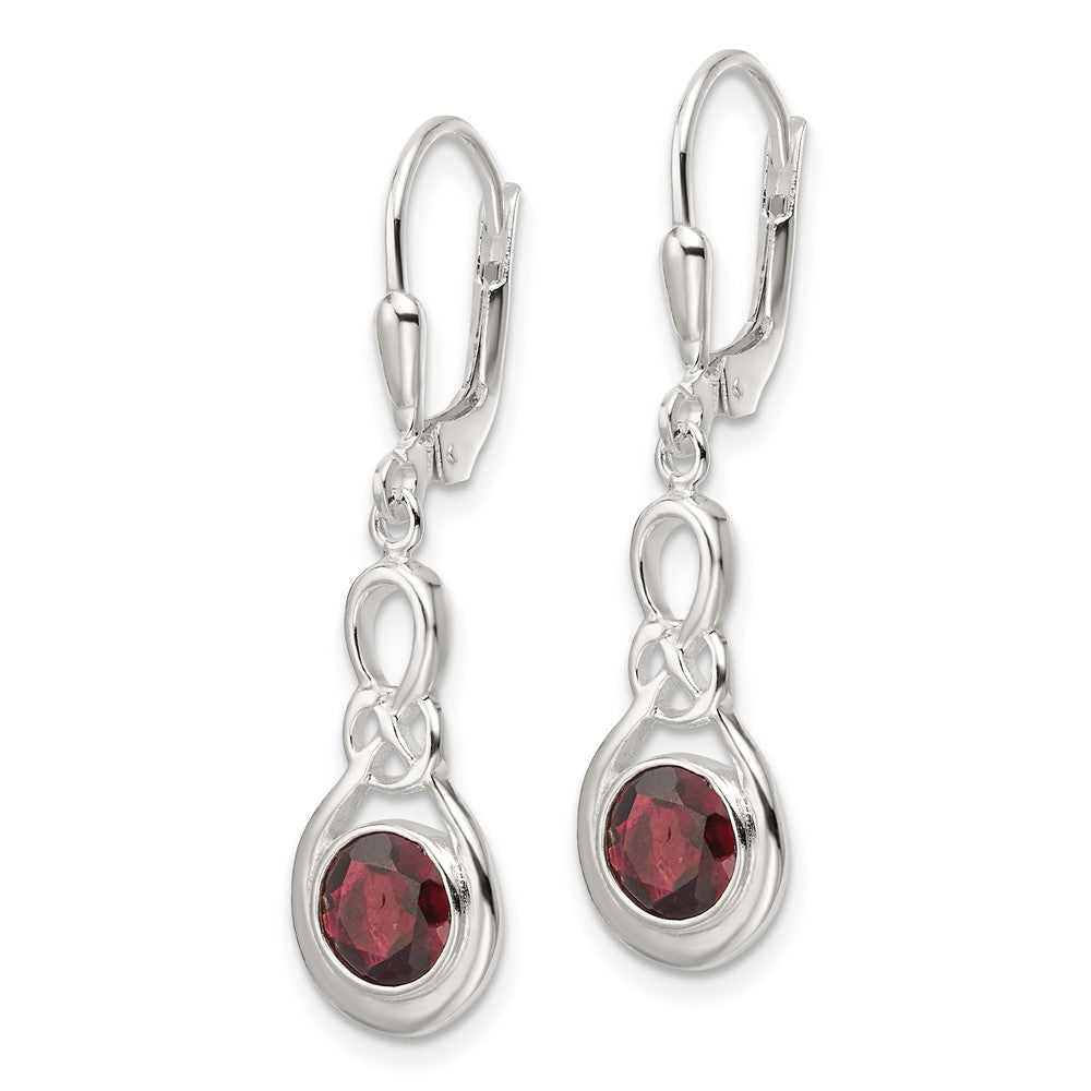Sterling Silver Polished Garnet Knot Leverback Dangle Earrings