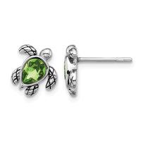 Sterling Silver RH-plated Antiqued Crystal Aug Birthstone Turtle Earrings