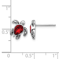 Sterling Silver RH-plated Antiqued Crystal July Birthstone Turtle Earrings