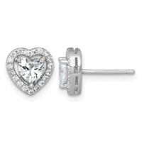 Sterling Silver RH-plated Polished 9mm Heart Halo CZ Post Earrings