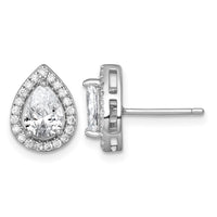Sterling Silver RH-plated Polished 11x9mm Halo Pear CZ Post Earrings
