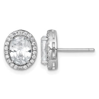 Sterling Silver RH-pltd Polished 11x9mm Oval Halo CZ Post Earrings