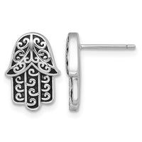 Sterling Silver RH-plated Polished/Oxidized Filigree Hamsa Post Earrings