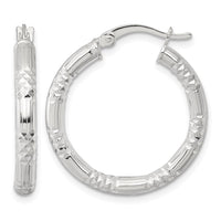 SS Polished D/C Textured 25x3.25mm Round Hoop Earrings