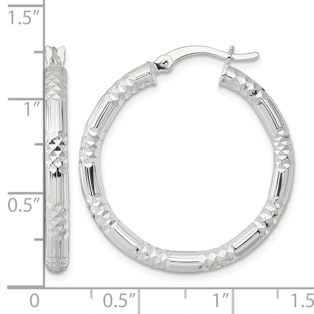 SS Polished D/C Textured 30x3.25mm Round Hoop Earrings