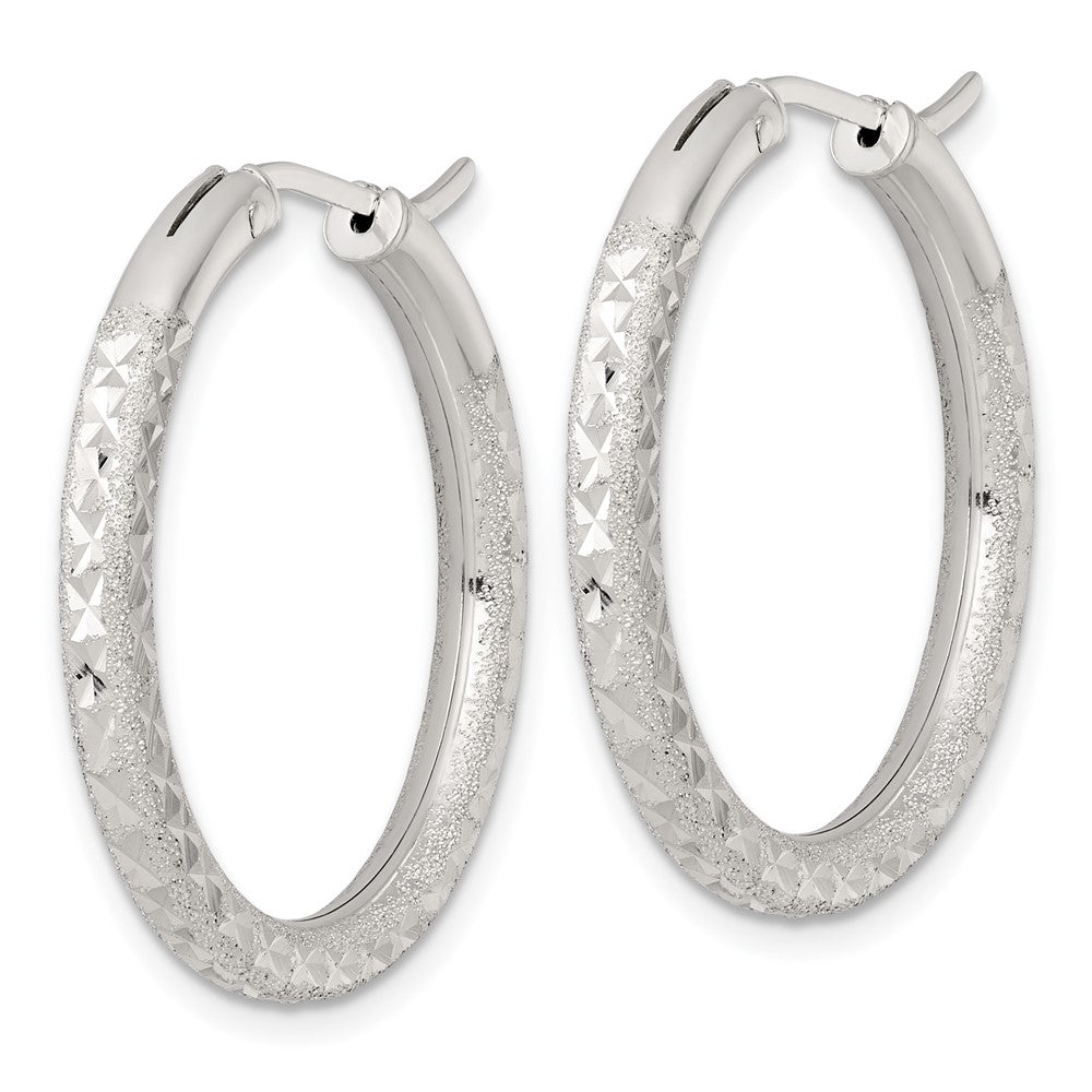 Sterling Silver Laser/Dia-cut 30x3.25mm Hidden Catch Round Hoop Earrings