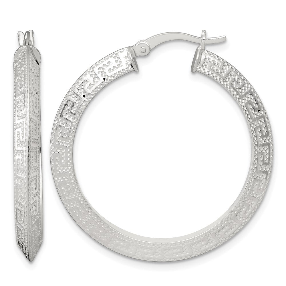 SS Textured 35x4.0mm Knife Edge Greek Key Round Hoop Earrings