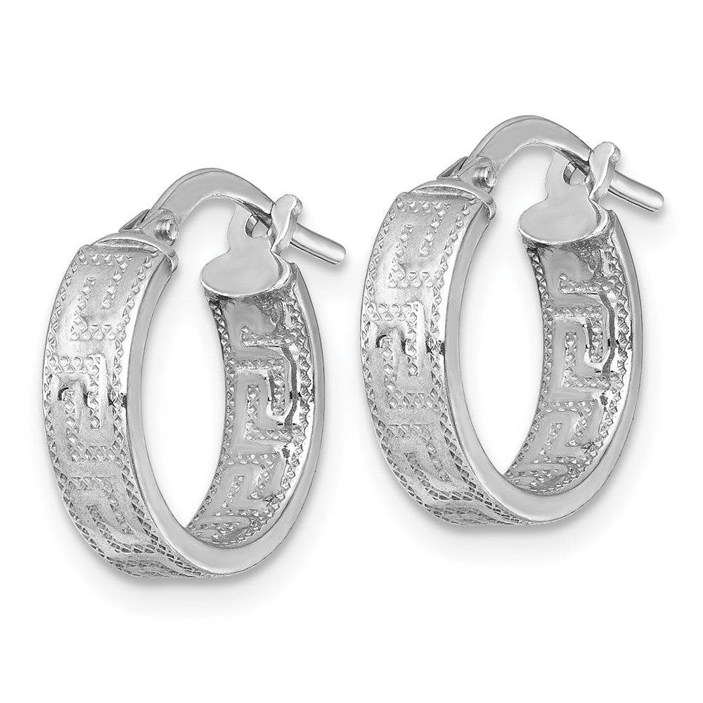 Sterling Silver RH-plated  Polished Textured Greek Key Hoop Earrings