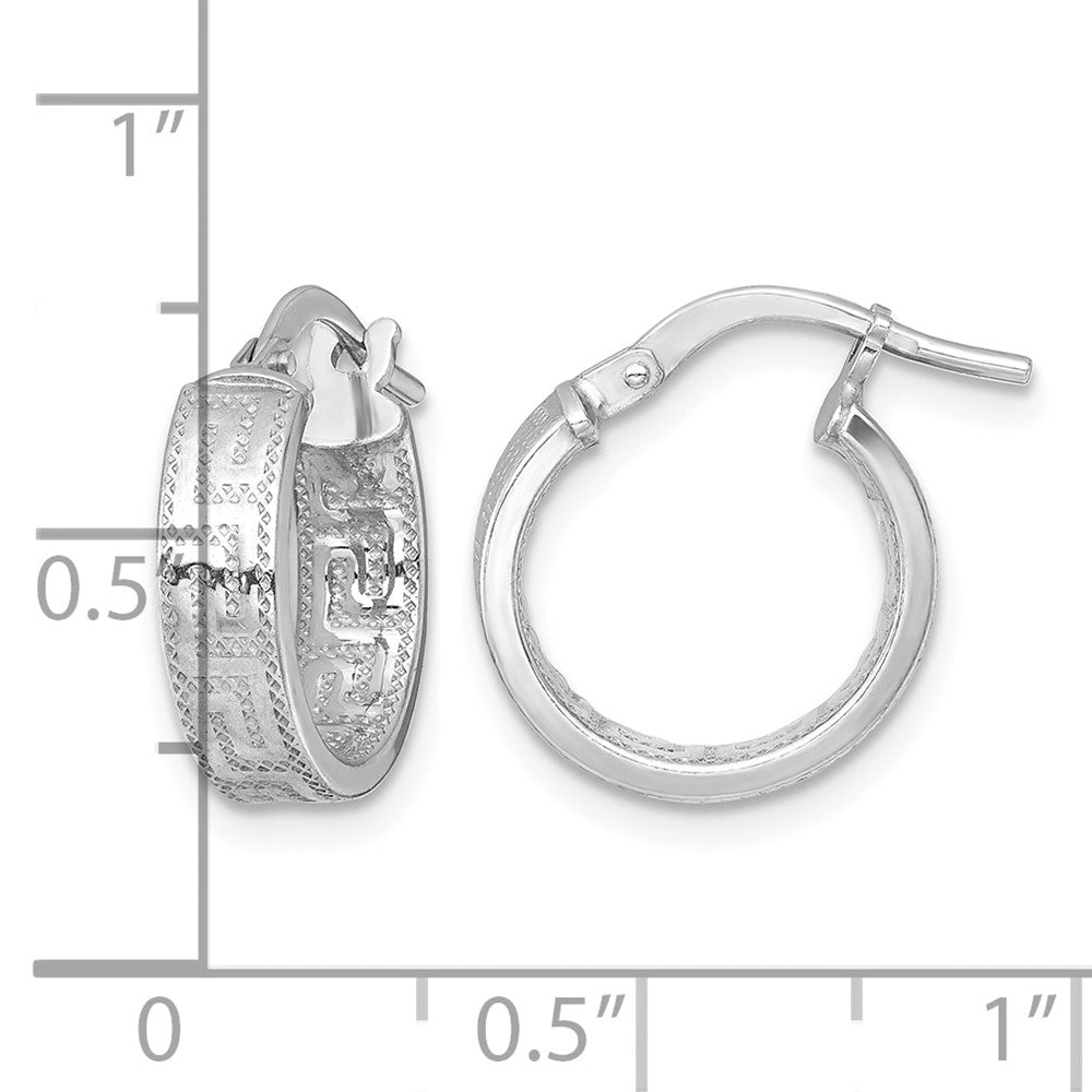 Sterling Silver RH-plated  Polished Textured Greek Key Hoop Earrings