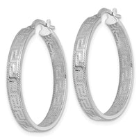 Sterling Silver RH-plated  Polished Textured Greek Key Hoop Earrings
