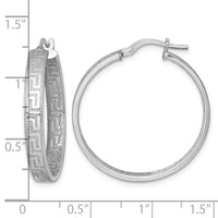 Sterling Silver RH-plated  Polished Textured Greek Key Hoop Earrings