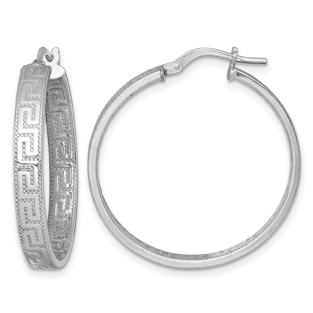 Sterling Silver RH-plated  Polished Textured Greek Key Hoop Earrings