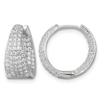 Sterling Silver Polished Tapered In and Out CZ Hinged Round Hoop Earrings