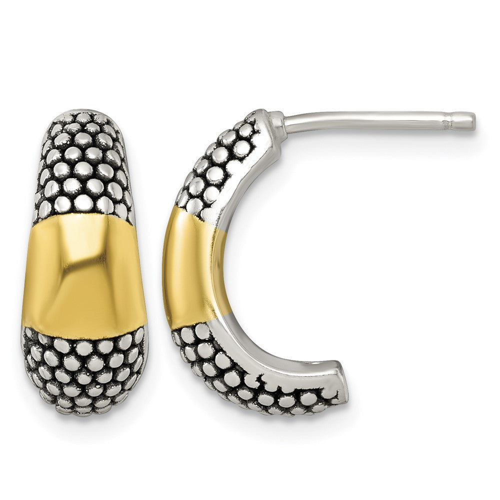 Sterling Silver and Gold-tone Antiqued Polished Post J-Hoop Earrings