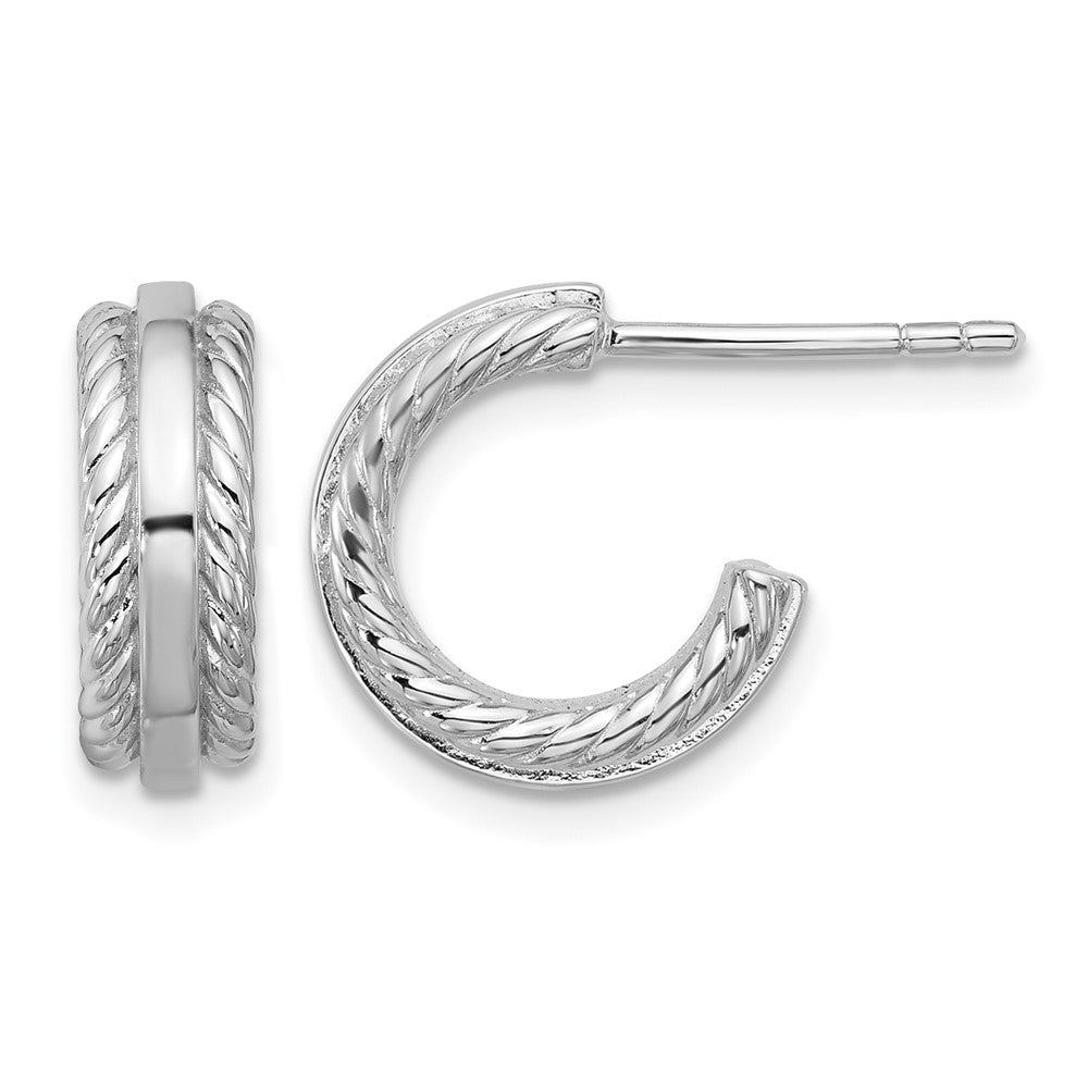 Sterling Silver Rhodium-plated Grooved J-Hoop Post Earrings